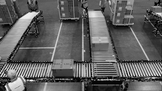 Boxes moving along roller conveyors inside a sorting warehouse